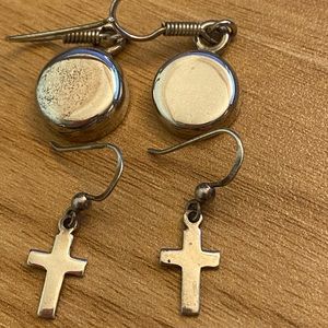 Two pairs of vintage sterling silver dangle earrings- crosses, and coins